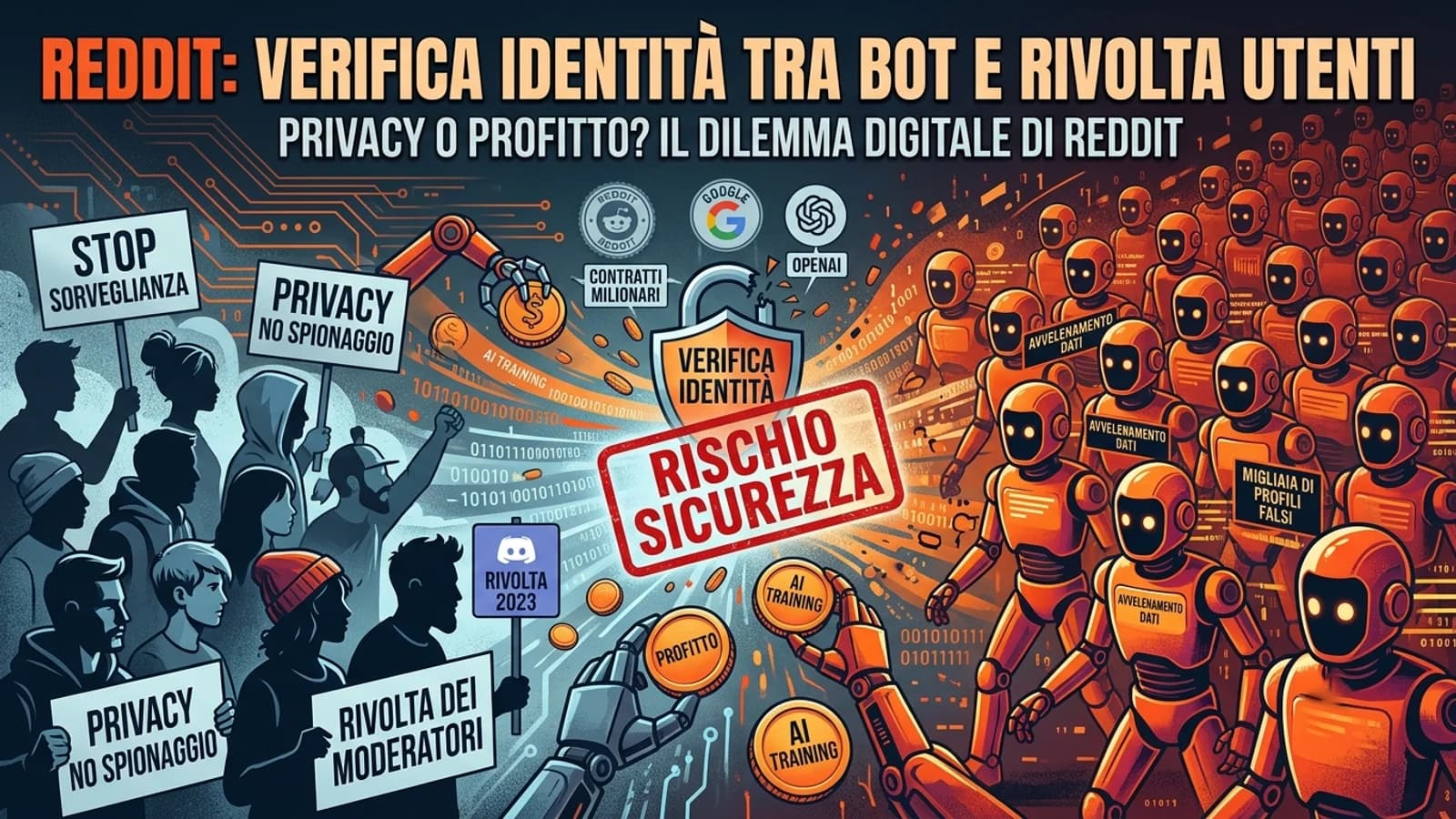 Illustrazione di un dibattito su Reddit tra utenti, bot e verifica dell'identità online.