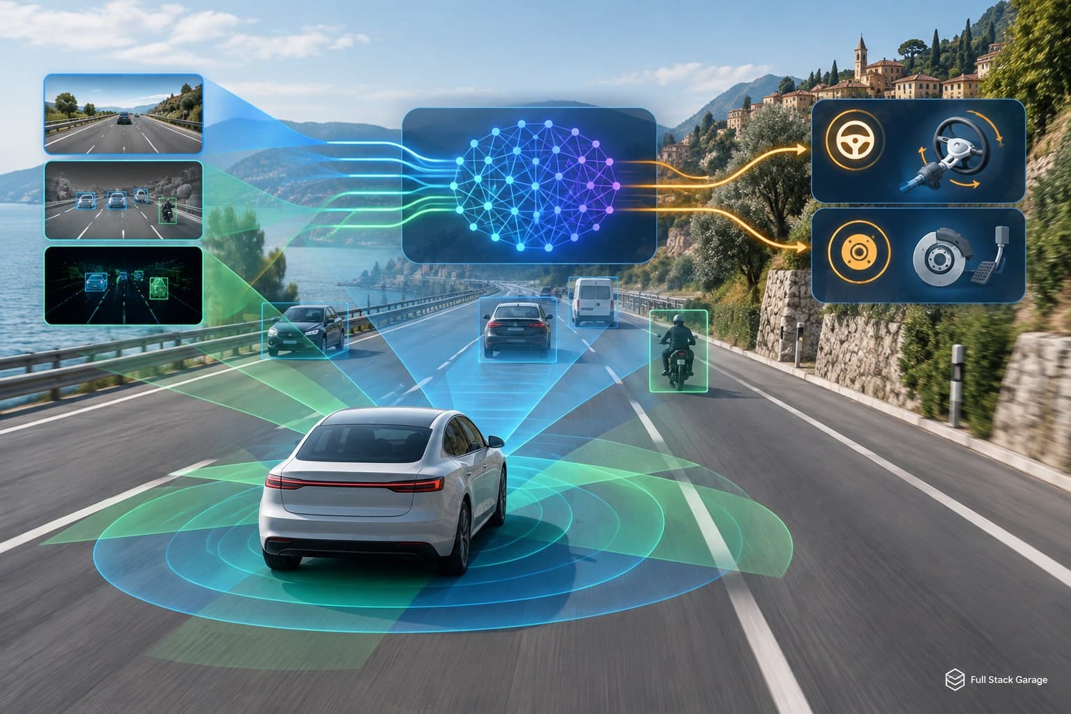 Illustrazione del funzionamento di un sistema di guida assistita basato su intelligenza artificiale