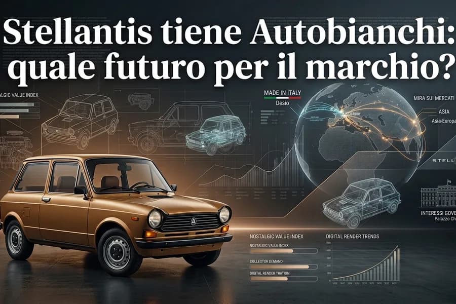 Autobianchi d'epoca color sabbia con grafica dedicata al futuro del marchio automobilistico.