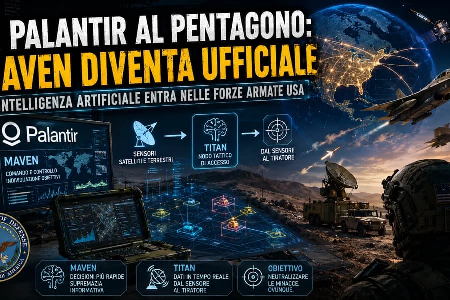 Illustrazione di sistemi Palantir Maven, monitor e scenari di analisi militare.