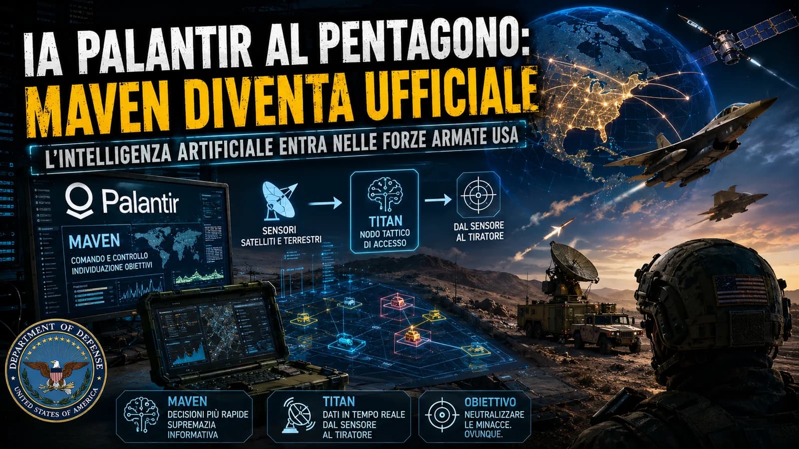 Illustrazione di sistemi Palantir Maven, monitor e scenari di analisi militare.