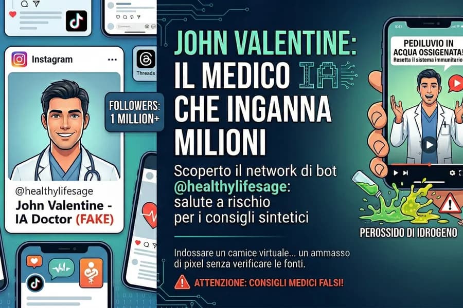 Grafica di un presunto medico IA con profilo social, numeri di follower e avvisi di falso.