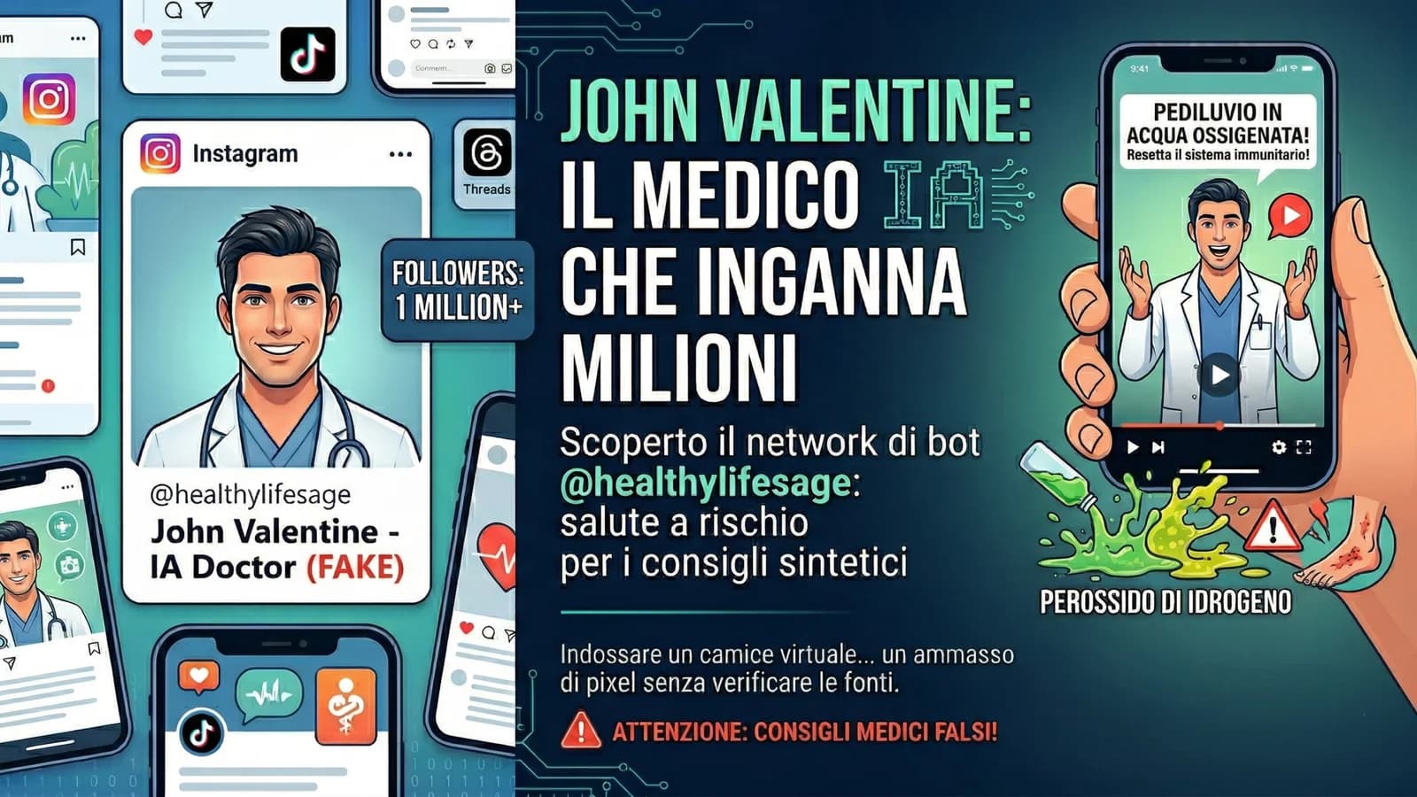 Grafica di un presunto medico IA con profilo social, numeri di follower e avvisi di falso.