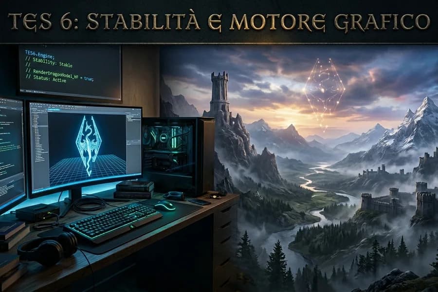 Postazione informatica e paesaggio fantasy in una grafica sul motore di The Elder Scrolls VI.