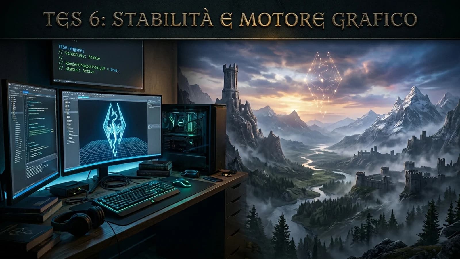 Postazione informatica e paesaggio fantasy in una grafica sul motore di The Elder Scrolls VI.