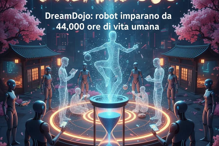 Illustrazione di un ambiente virtuale con sagome umane e robot che apprendono movimenti.