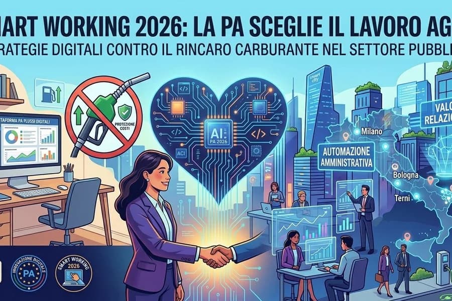 Illustrazione di una lavoratrice al computer e pannelli informativi sullo smart working.
