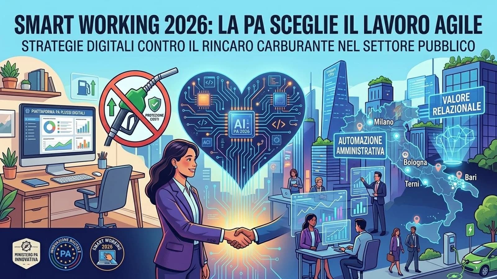 Illustrazione di una lavoratrice al computer e pannelli informativi sullo smart working.