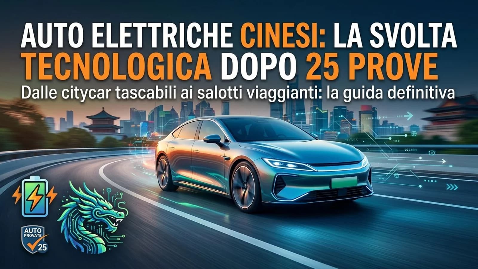 Auto elettrica cinese azzurra davanti a una città in una grafica sulle prove comparative.