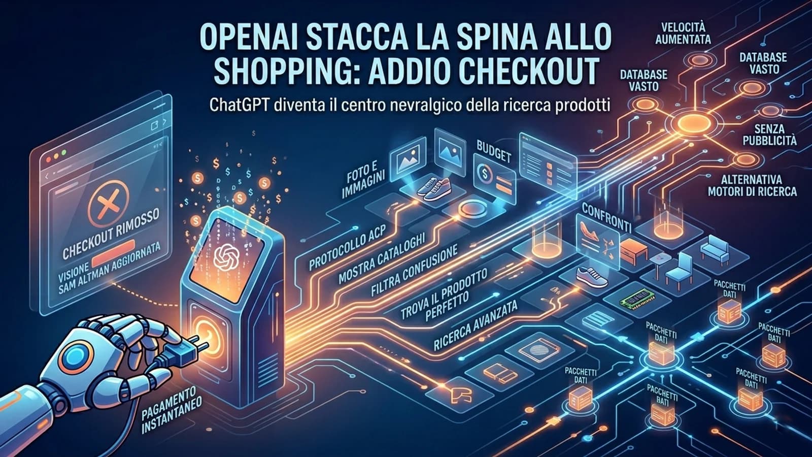 Infografica dei servizi OpenAI per gli acquisti digitali e l'abbandono del checkout integrato.