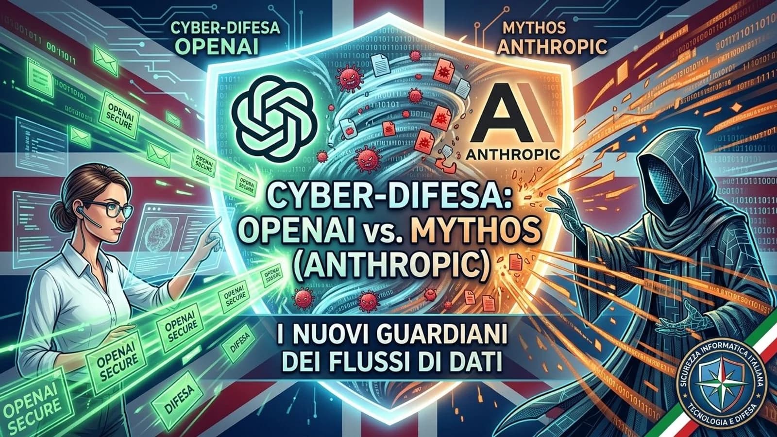 Infografica sulla cyber-difesa con OpenAI, Anthropic e un ambiente digitale.