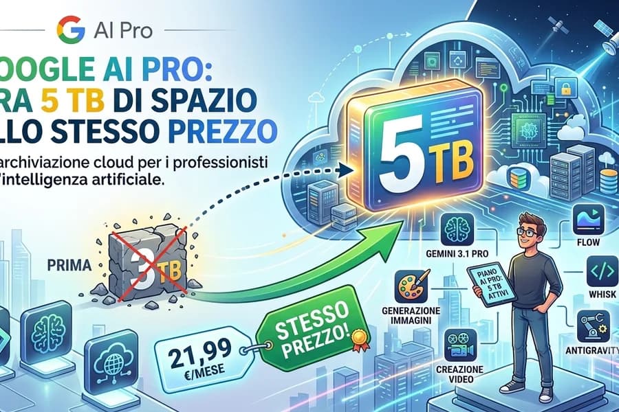 Infografica Google AI Pro con spazio cloud, icone di Google e indicazione di 5 TB.