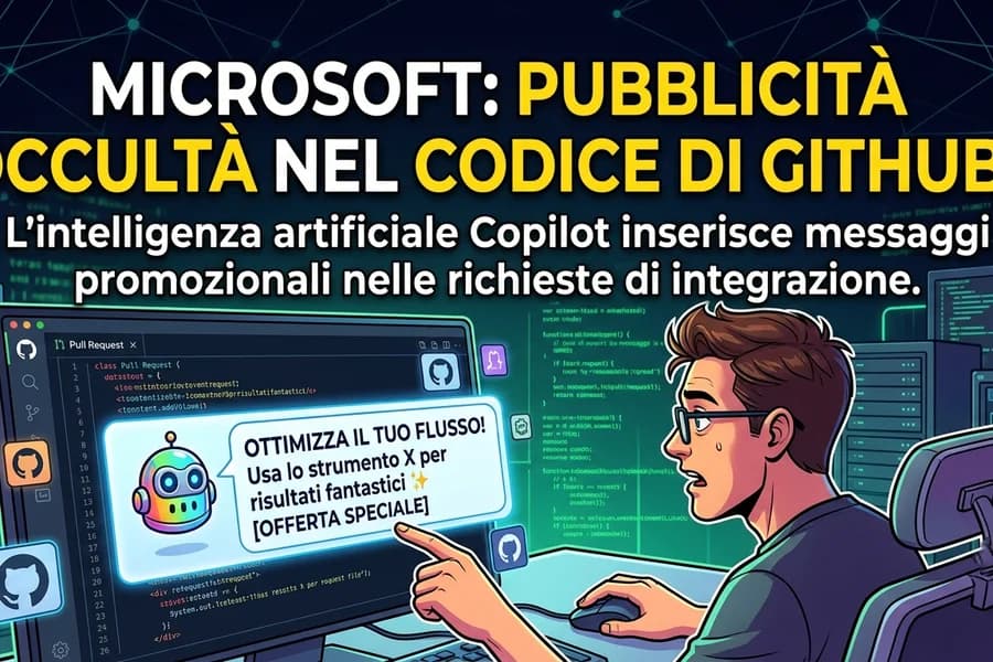 Infografica su GitHub Copilot e messaggi promozionali inseriti nel codice.