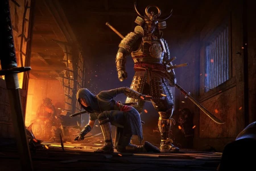 Personaggio armato di Assassin's Creed in un vicolo illuminato, con atmosfera cupa.