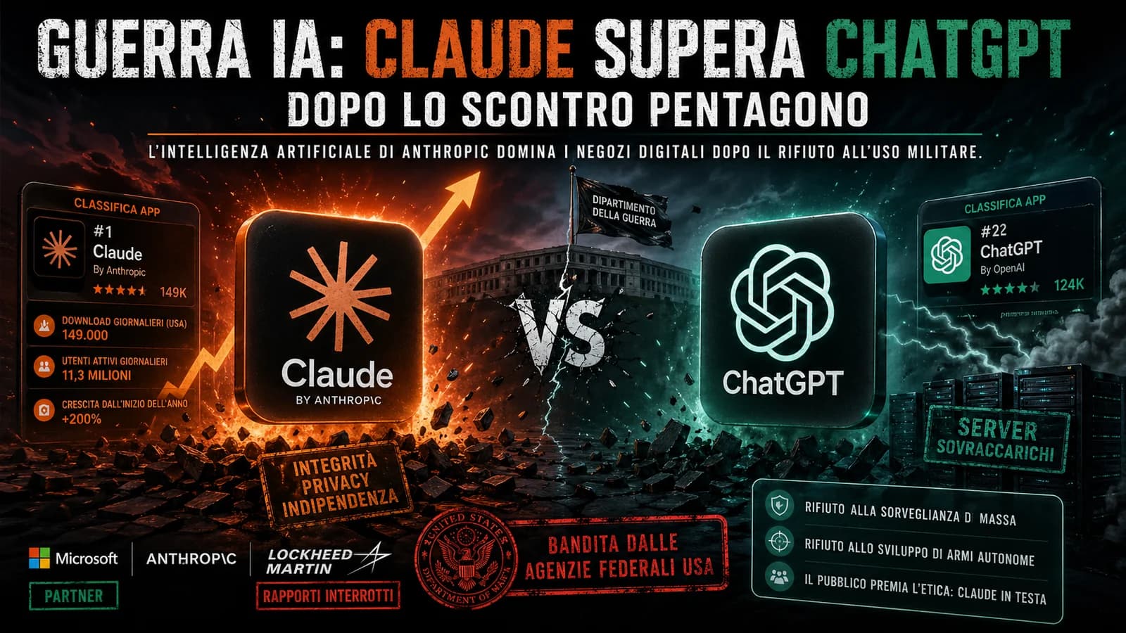 Log di sistema: La crisi Anthropic vs Difesa USA 📊 - Il Fatto: Anthropic rifiuta le clausole del Pentagono su sorveglianza e armi autonome. Washington risponde con il bando federale. - Effetto Feedback: Gli utenti reagiscono premiando Claude. In soli due mesi, gli utenti attivi sono triplicati, superando la quota di download giornalieri di ChatGPT negli Stati Uniti. - Conseguenze: Infrastruttura di Anthropic in sovraccarico (1 milione di nuovi iscritti al giorno) e spaccatura industriale tra chi segue le direttive governative (Lockheed Martin) e chi resta nel mercato libero (Microsoft). La morale? Nel 2026, la fiducia degli utenti è una variabile più critica di qualsiasi contratto di fornitura statale.