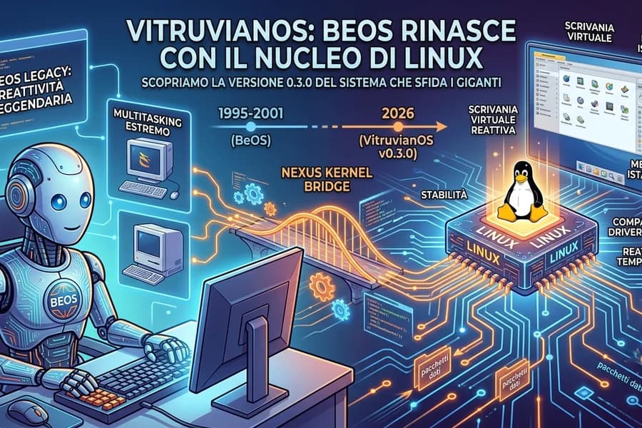 Illustrazione di un robot e interfacce Linux dedicata al progetto VitruvianOS.