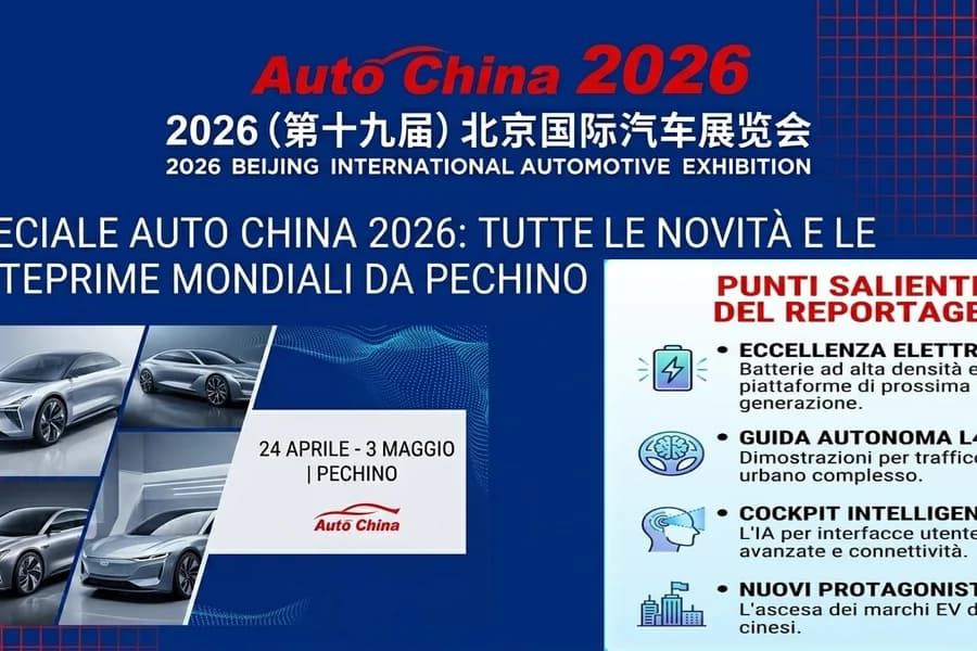 Infografica sul Salone di Pechino 2026 con auto elettriche e programma espositivo.