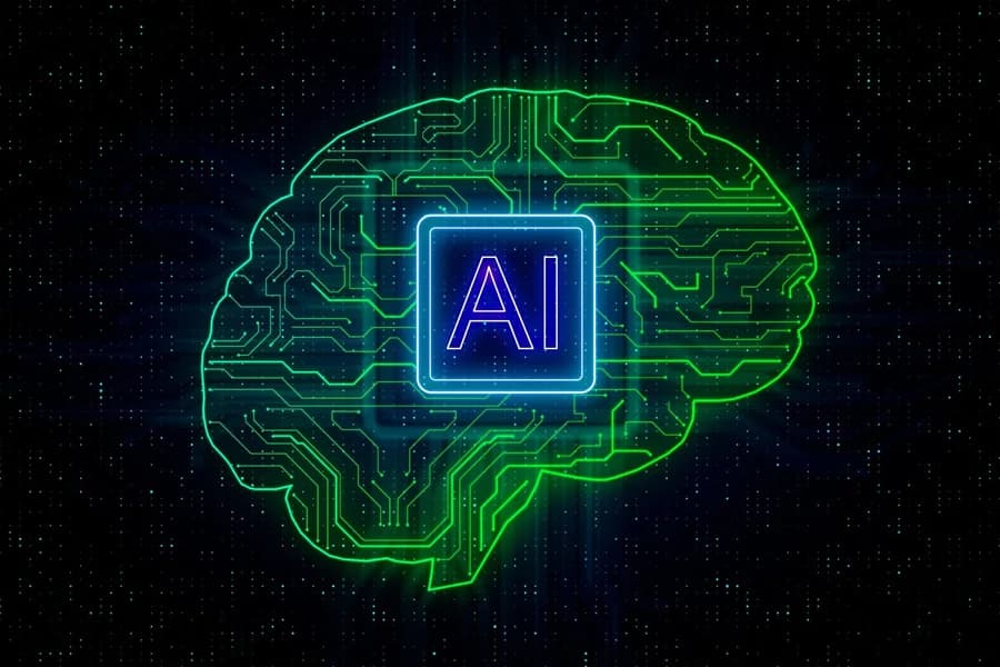 Illustrazione di un cervello verde con chip IA, nell'articolo sugli ultrasuoni e la coscienza.