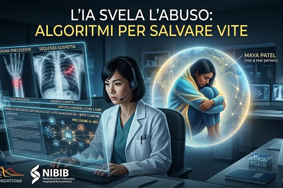 Illustrazione di una ricercatrice e di sistemi IA impiegati per rilevare abusi e tutelare le vittime.