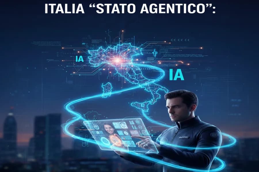 Illustrazione digitale dell'amministrazione pubblica italiana con schermi e flussi di dati IA.
