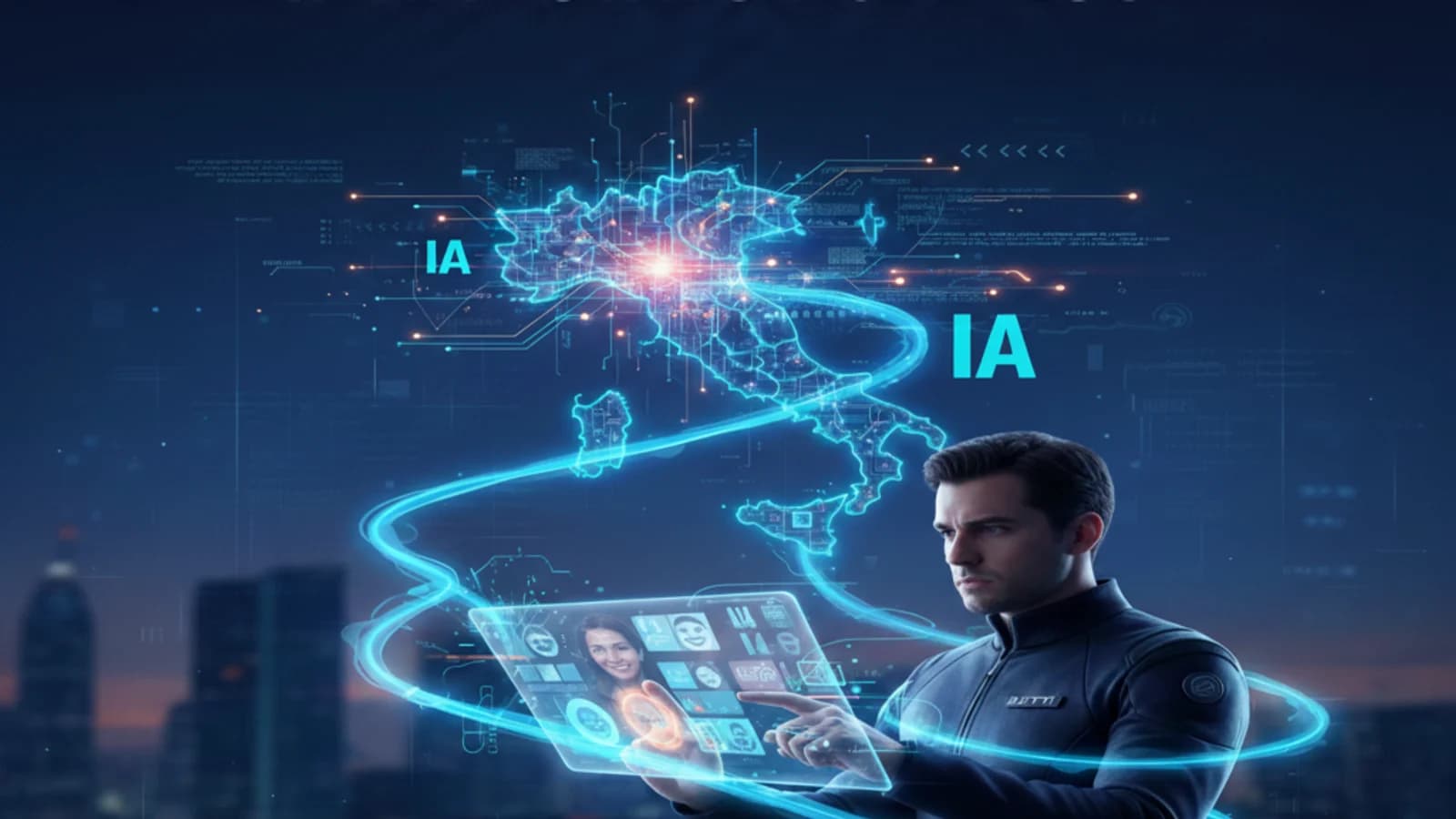 Illustrazione digitale dell'amministrazione pubblica italiana con schermi e flussi di dati IA.