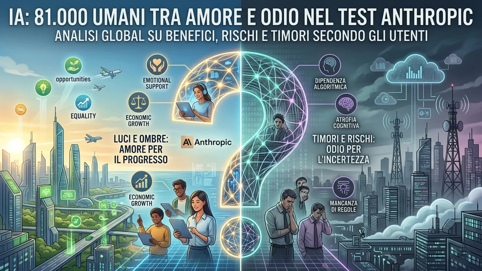 Infografica sui risultati di un test Anthropic che coinvolge persone e chatbot IA.