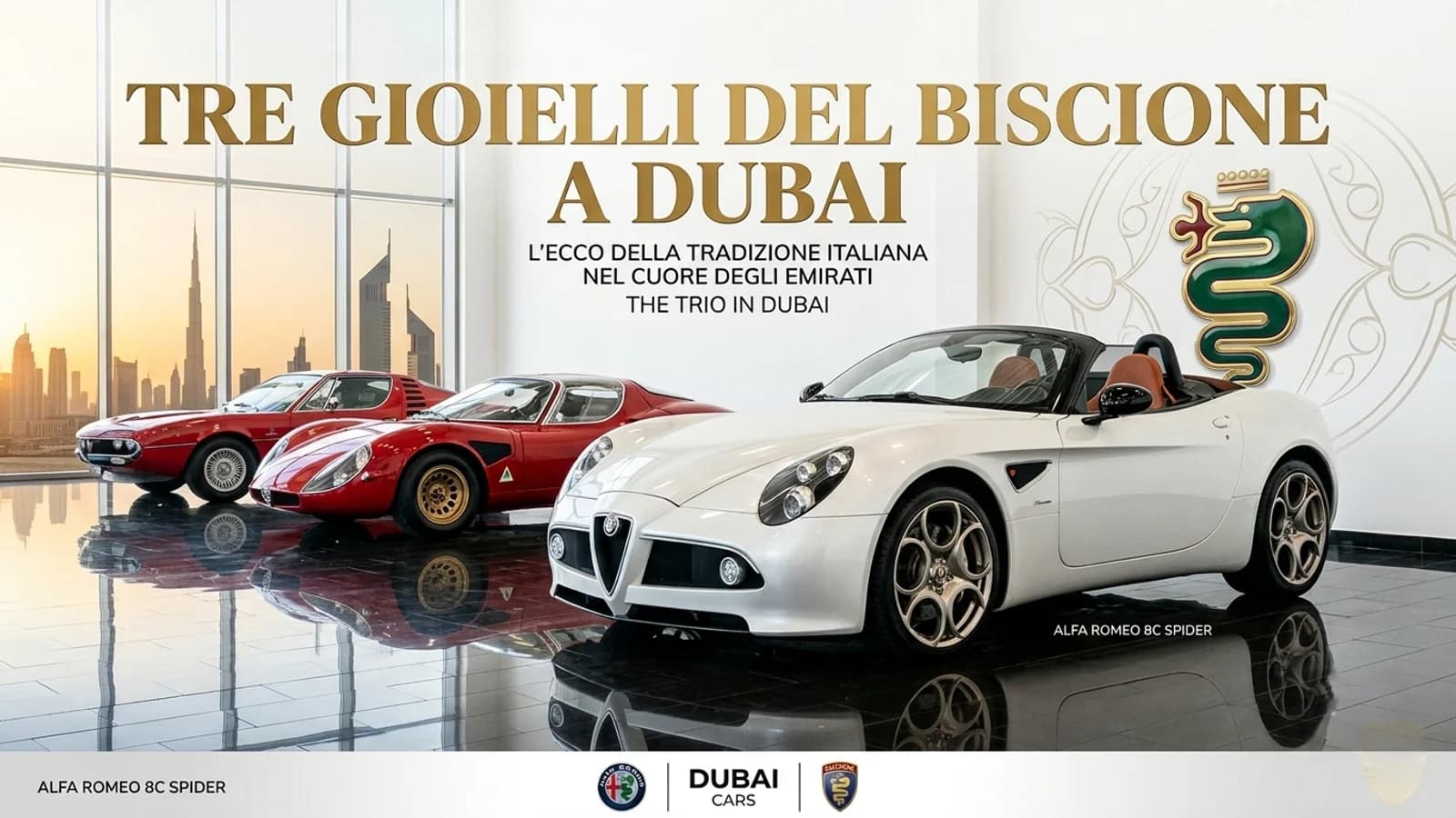 Tre Alfa Romeo 8C d'epoca in una composizione dedicata a una mostra a Dubai.