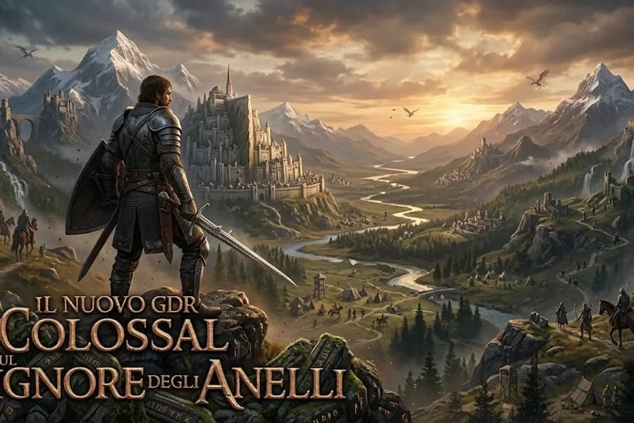 Illustrazione fantasy di un personaggio armato e un paesaggio del Signore degli Anelli.