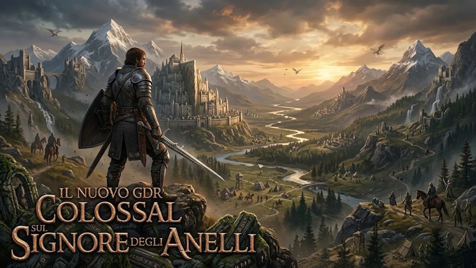 Illustrazione fantasy di un personaggio armato e un paesaggio del Signore degli Anelli.