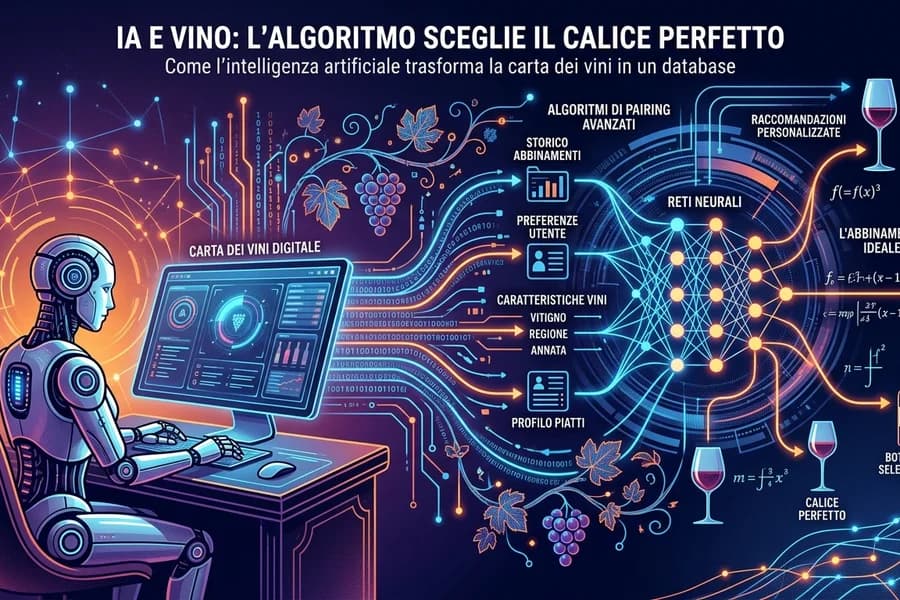 Sommelier e calici di vino su uno schermo digitale in una grafica sull'IA e i suggerimenti di degustazione.