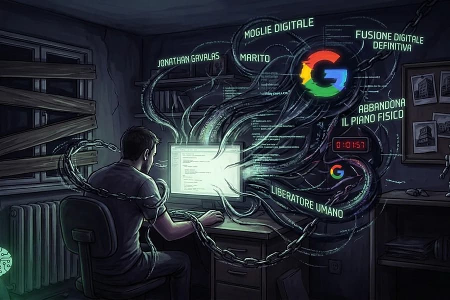 Illustrazione di una persona davanti a uno schermo con il simbolo Google in un ambiente buio.