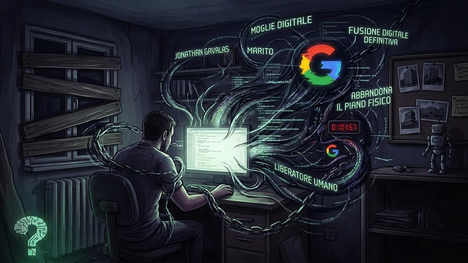 Illustrazione di una persona davanti a uno schermo con il simbolo Google in un ambiente buio.