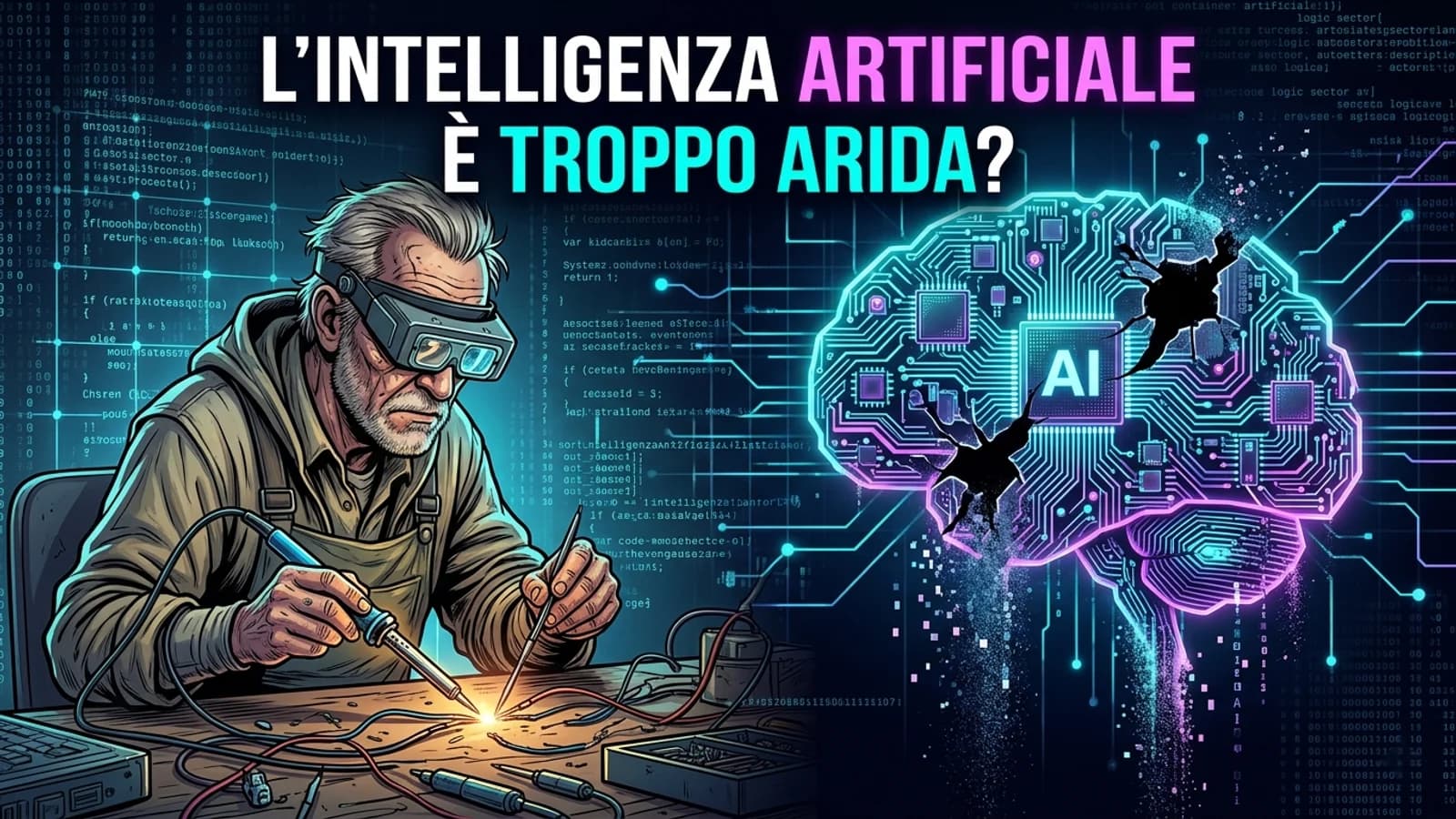 Illustrazione di Steve Wozniak con un cervello digitale e riferimenti alla creatività umana.