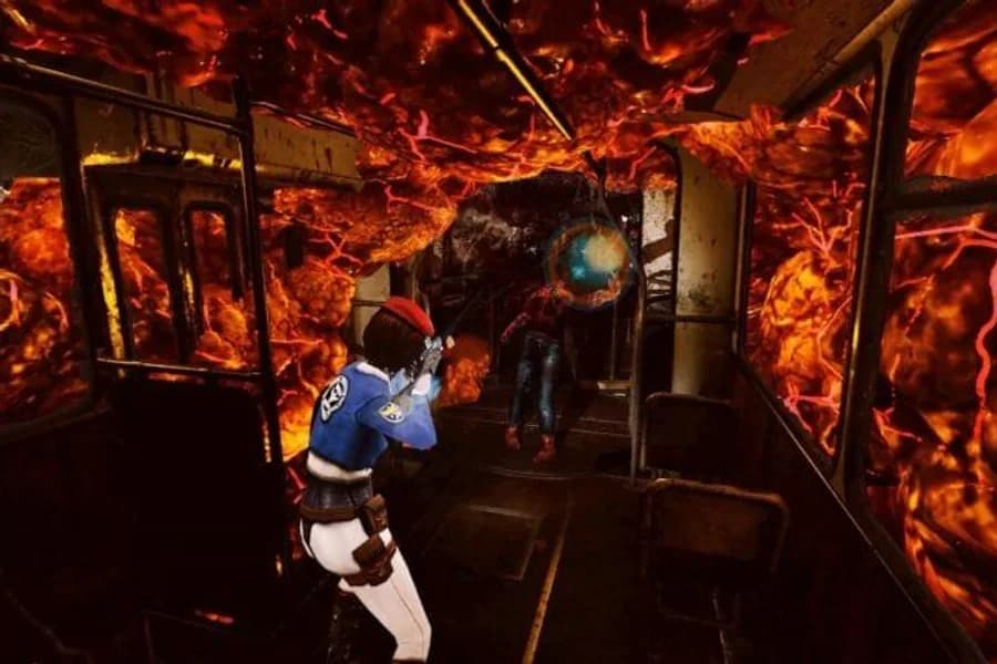 Personaggio armato in ambiente horror pixel-art con pareti rossastre e fuoco.