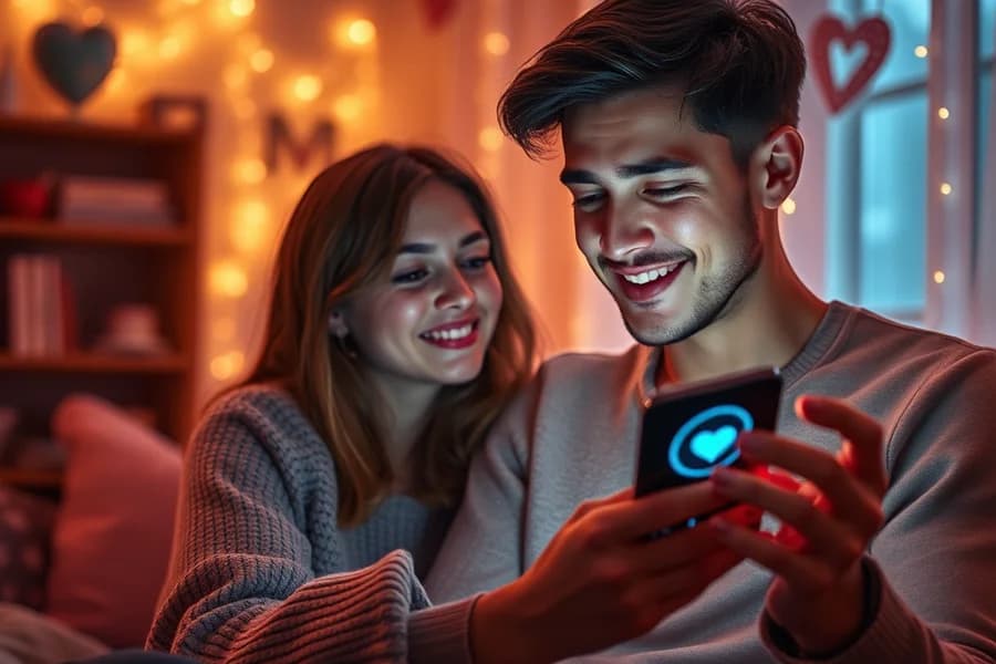 Due giovani sorridenti guardano uno smartphone in una copertina sul rapporto affettivo con i chatbot.
