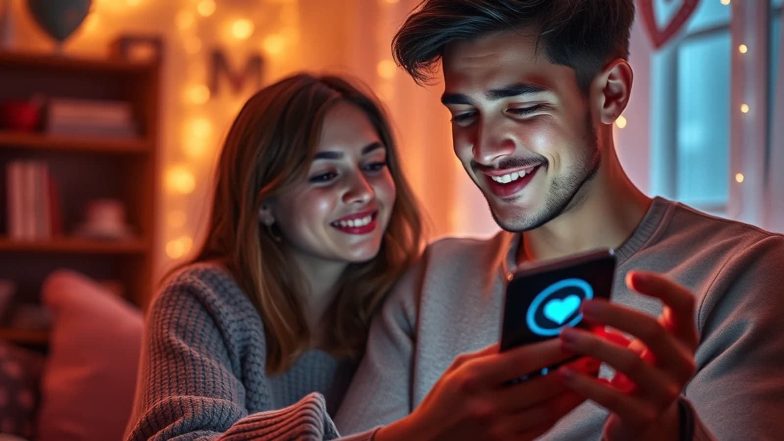 Due giovani sorridenti guardano uno smartphone in una copertina sul rapporto affettivo con i chatbot.