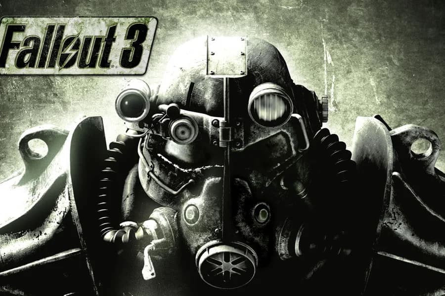 Illustrazione fantasy post-apocalittica di Fallout 3 con figura in armatura e cielo grigio.