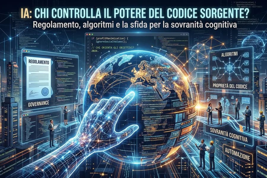 Illustrazione di un cervello digitale sopra circuiti elettronici, nella copertina sul controllo del codice IA.