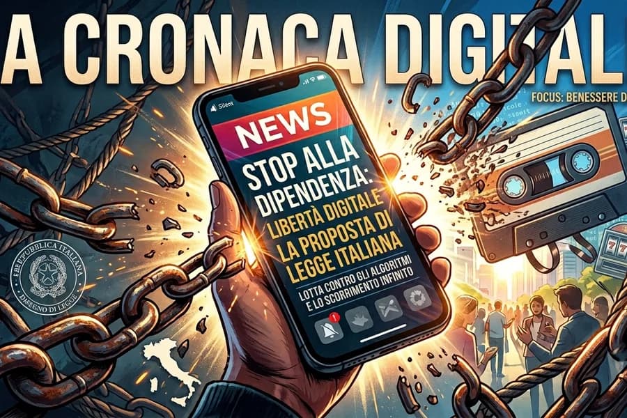 Illustrazione digitale di smartphone e algoritmi social con un cartello di stop alle dipendenze.