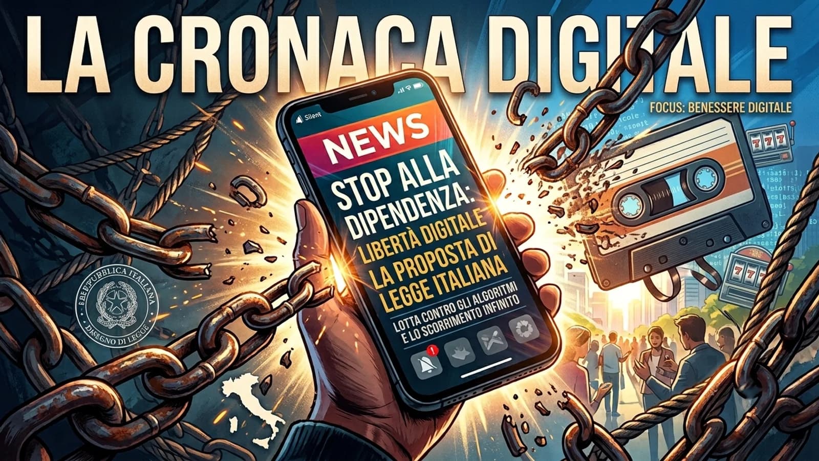 Illustrazione digitale di smartphone e algoritmi social con un cartello di stop alle dipendenze.