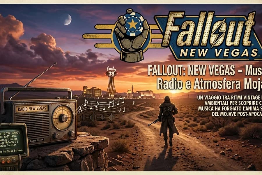 Paesaggio desertico di Fallout New Vegas con insegne, figure e riferimenti alla colonna sonora.