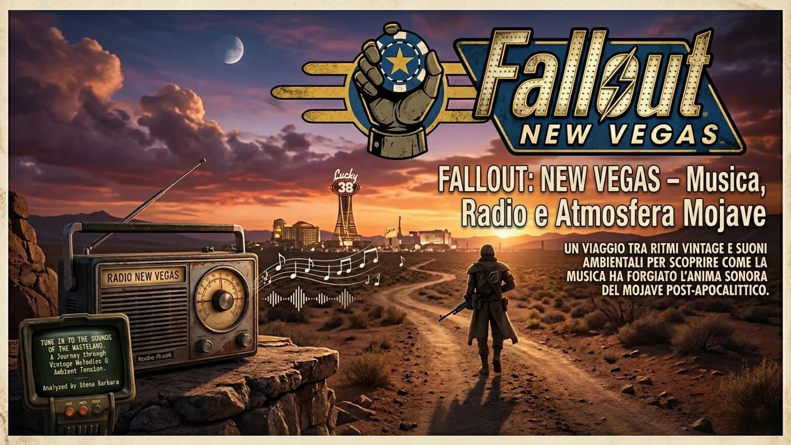 Paesaggio desertico di Fallout New Vegas con insegne, figure e riferimenti alla colonna sonora.