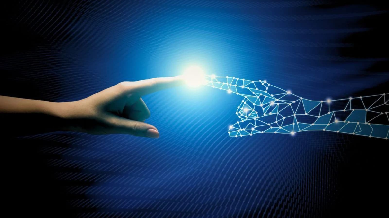 Dito umano che sfiora un dito robotico luminoso in una grafica sull'intelligenza artificiale.