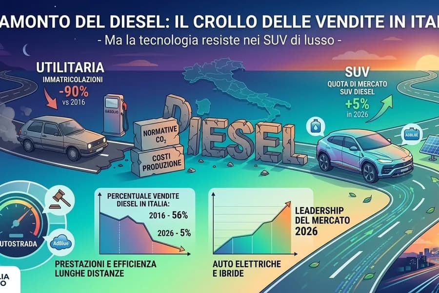 Grafica sul calo delle vendite diesel in Italia con auto, pompe e statistiche.