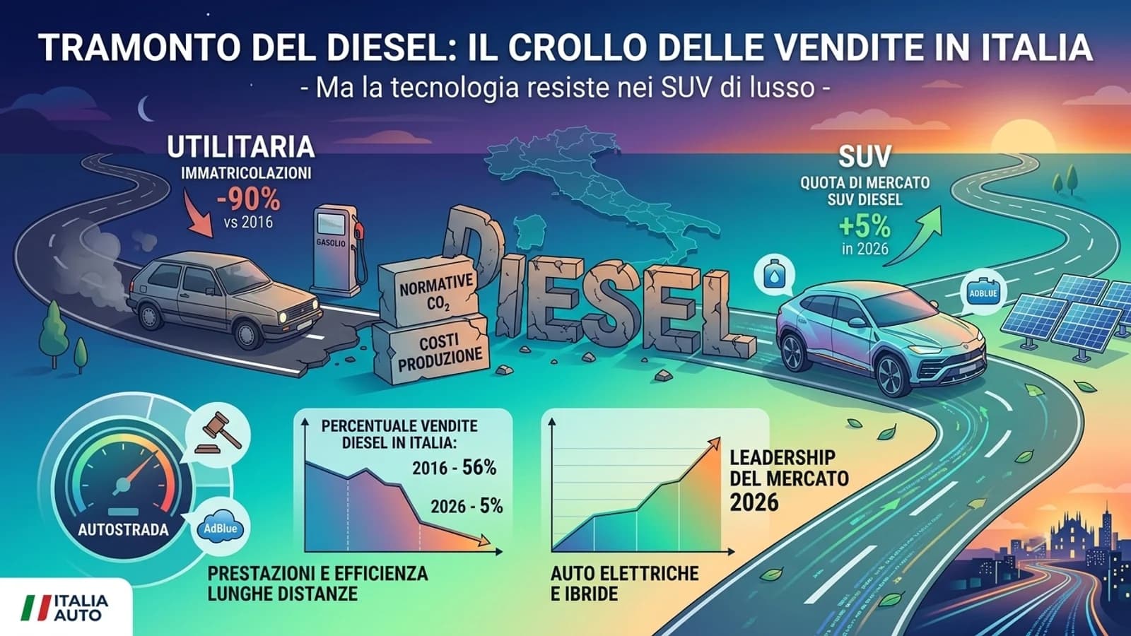 Grafica sul calo delle vendite diesel in Italia con auto, pompe e statistiche.