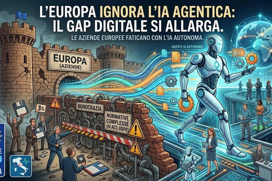 Illustrazione di una città europea e sistemi IA collegati in una rete digitale.