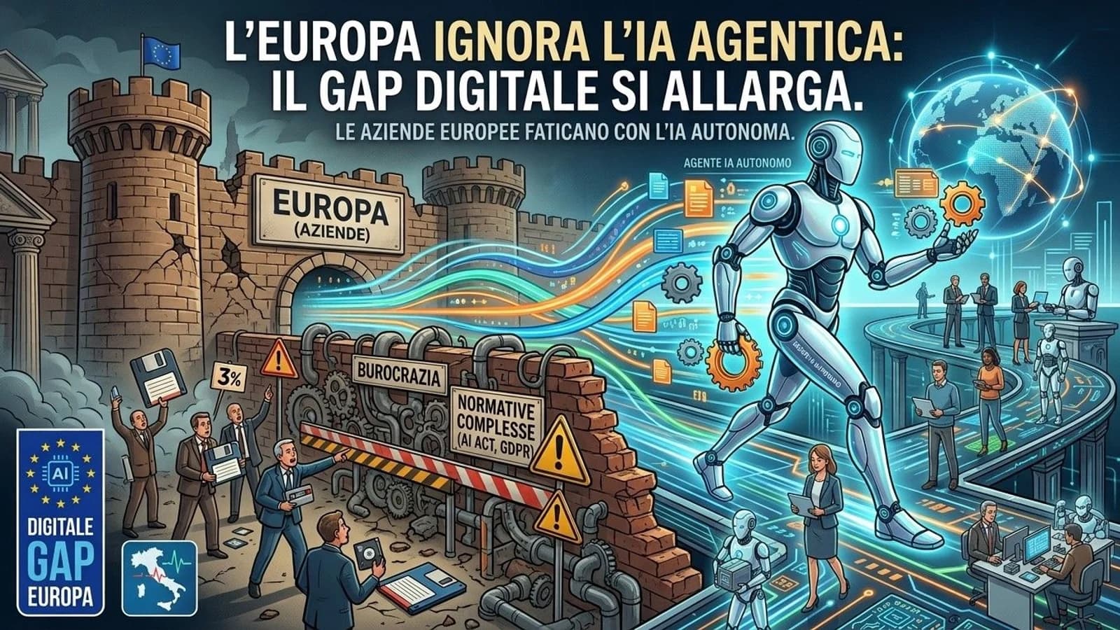 Illustrazione di una città europea e sistemi IA collegati in una rete digitale.