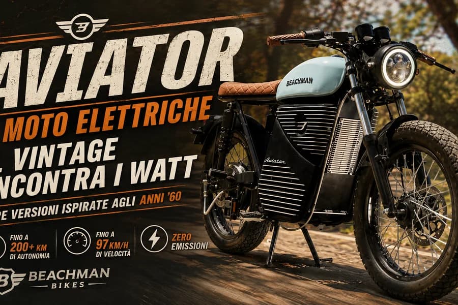 Motocicletta elettrica Aviator nera dallo stile vintage su sfondo scuro.