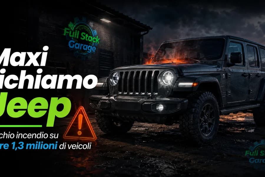 Jeep Wrangler e Gladiator scure su sfondo notturno con avviso di richiamo per rischio incendio.