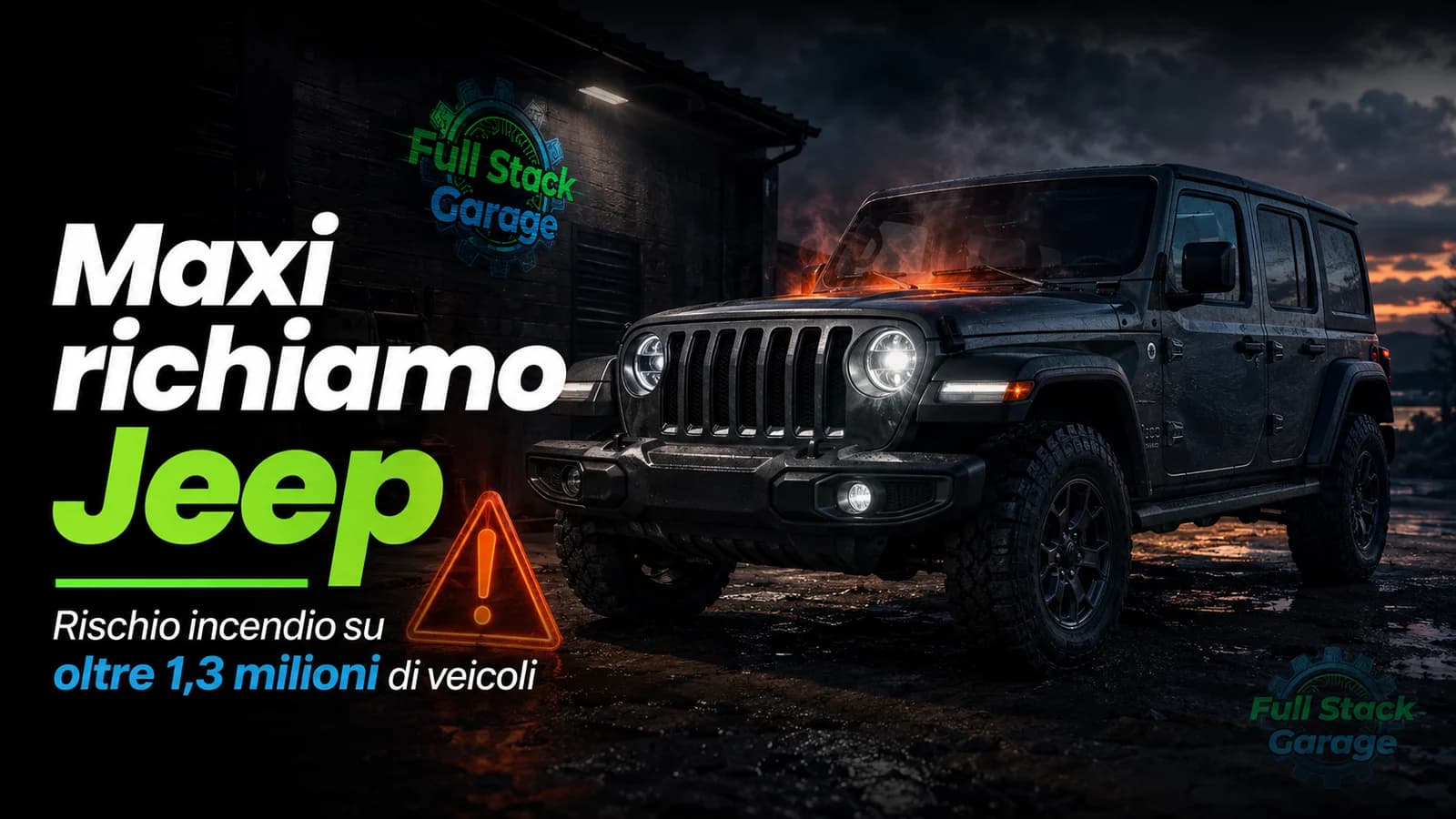 Jeep Wrangler e Gladiator scure su sfondo notturno con avviso di richiamo per rischio incendio.